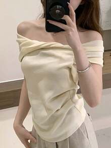Off-Shoulder Versatile Casual Minimalist Women Knit Top - Apricot - View 4