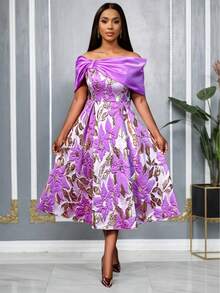 Váy dạ hội AOMEI thanh lịch dành cho nữ, vải jacquard hoa, trễ vai, không dây, xếp ly, dáng chữ A, màu tím - Màu tím - Xem 1