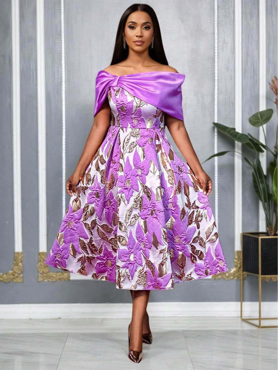 Váy dạ hội AOMEI thanh lịch dành cho nữ, vải jacquard hoa, trễ vai, không dây, xếp ly, dáng chữ A, màu tím - Màu tím - Xem 1