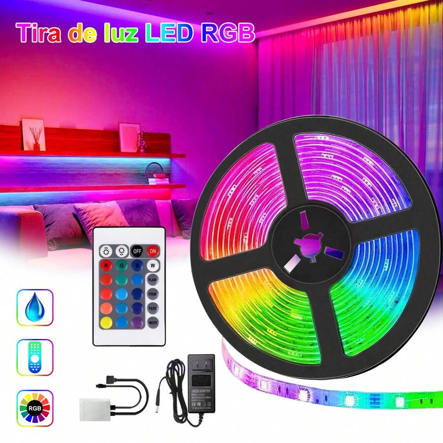 5m tiras LED luces 5050 RGB, tira multicolor para decoración, iluminación flexible para habitaciones, fiestas o muebles, control remoto incluido, instalación fácil y segura, bajo consumo energético, efecto visual dinámico. - Multicolor - Ver 1