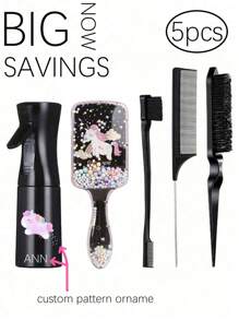 5 Conjuntos de Kits de Pente Trançado, (200 Mililitros) Garrafas de Spray de Névoa Contínua, Pentes de Unicórnio/Pirâmide Cartoon, Adequado para Penteados de Adultos e Meninas, Pentes de Alisamento e Laterais, Adequado para Design de Penteados e Personalização de Padrões e Nomes por Cabeleireiros, Temporada de Volta às Aulas, Acessórios de Cabelo Infantil, Popular