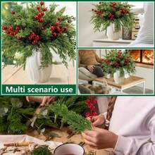 10/20pcs Christmas Pine Needle & Red Berry Set, 10-Inch Artificial Evergreen Norfolk Pine Foliage Stems, Faux Pine Needle Floral Picks For DIY Bouquets, Wreaths, Home Decor, Vases, Dining Table, Wedding Table, Fireplace Decoration, Christmas Decor - Multicolor - View 10