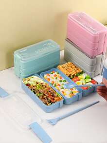 Rectangular Three-Layer Fresh-Keeping Bento Box For Office Workers And Students, Divided Into Compartments For Weight Loss With Tableware, Microwave Ready Lunch Box