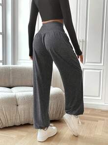 Pantalones de chándal de cintura alta y pierna ancha para mujer - Cintura con cordón gris, corte holgado, pantalones casuales para comodidad en todas las estaciones, pantalones para todas las estaciones | Pantalones de corte relajado | Mallas de tela de poliéster