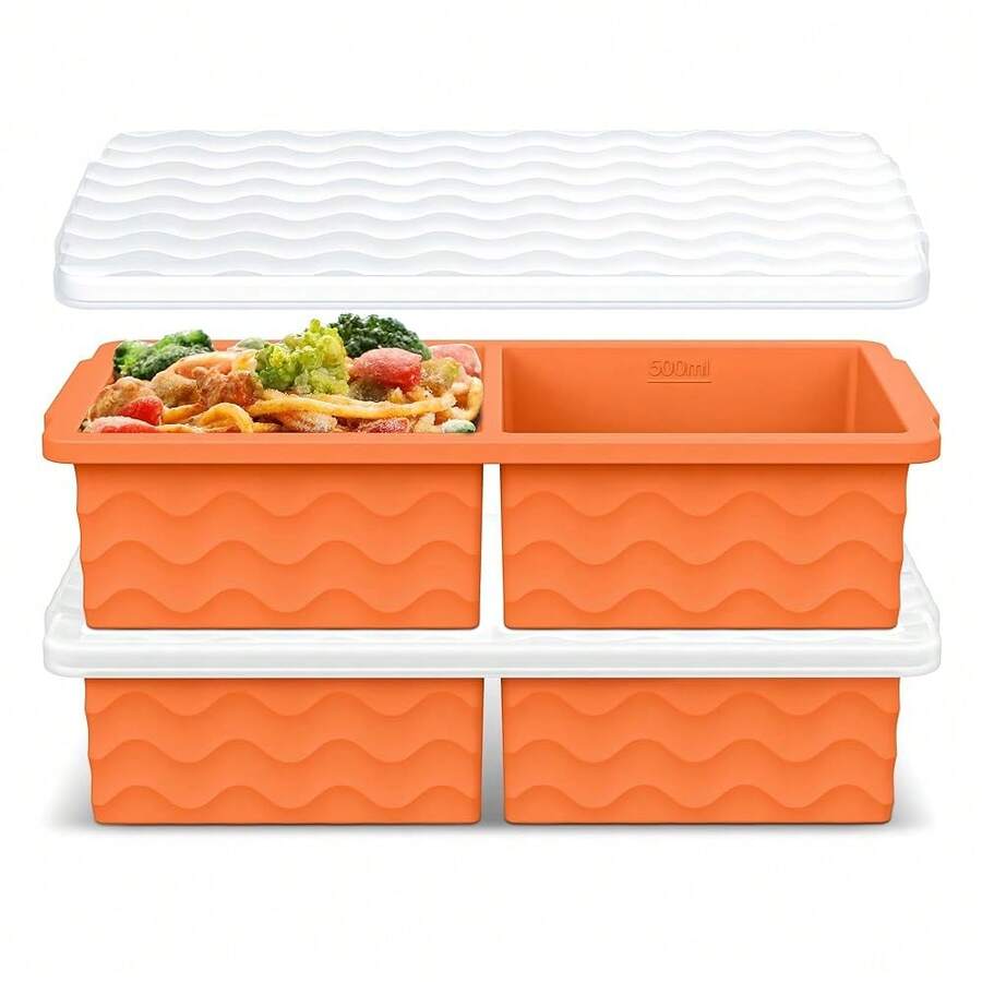 Silicone Freezer Tray For Soup With Lid - 2 Cup Soup Freezer Container Molds - Extra Large Ice Cube Tray - Silicone Freezer Food Molds For Freezing & Storing Soup, Sauce, Broth, Leftovers (2 Pack)-814352 - 橘色 - 查看 1