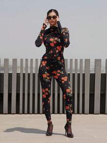 Damen Rosenbedruckte Bodysuit-Hosen-Sets Weibliche Blumen Hoher Kragen Lange Ärmel Wickelleggings Sexy High Street Fashion Hosenanzüge - Spitze - Übersicht 3