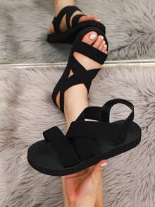 Mẫu mới năm 2024 dành cho nữ: Sandal hở mũi, quai thun, kiểu dáng thường ngày, thoải mái khi đi biển, nghỉ dưỡng, đế xuồng dày dặn, thiết kế cá tính, phù hợp cho ngày Quốc khánh/Ngày của Nhà vua, trang phục mùa xuân hè. - màu đen - Xem 1