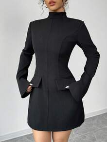 Einfarbiges, lässiges, elegantes Kleid aus gewebtem Stoff mit Fake-Taschen und Reißverschluss, geeignet für Büro, Abenddate, Herbst/Winter - Schwarz - Übersicht 1