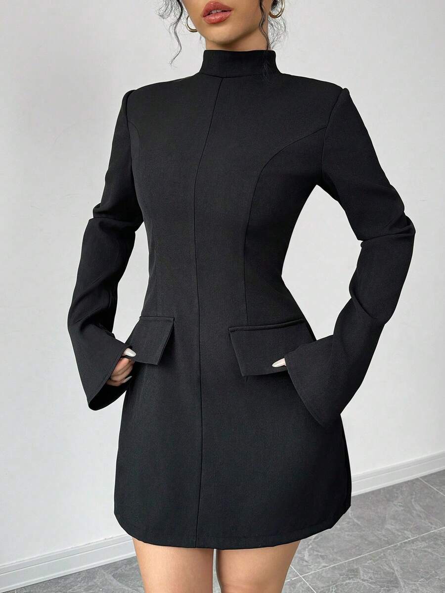 Einfarbiges, lässiges, elegantes Kleid aus gewebtem Stoff mit Fake-Taschen und Reißverschluss, geeignet für Büro, Abenddate, Herbst/Winter - Schwarz - Übersicht 1