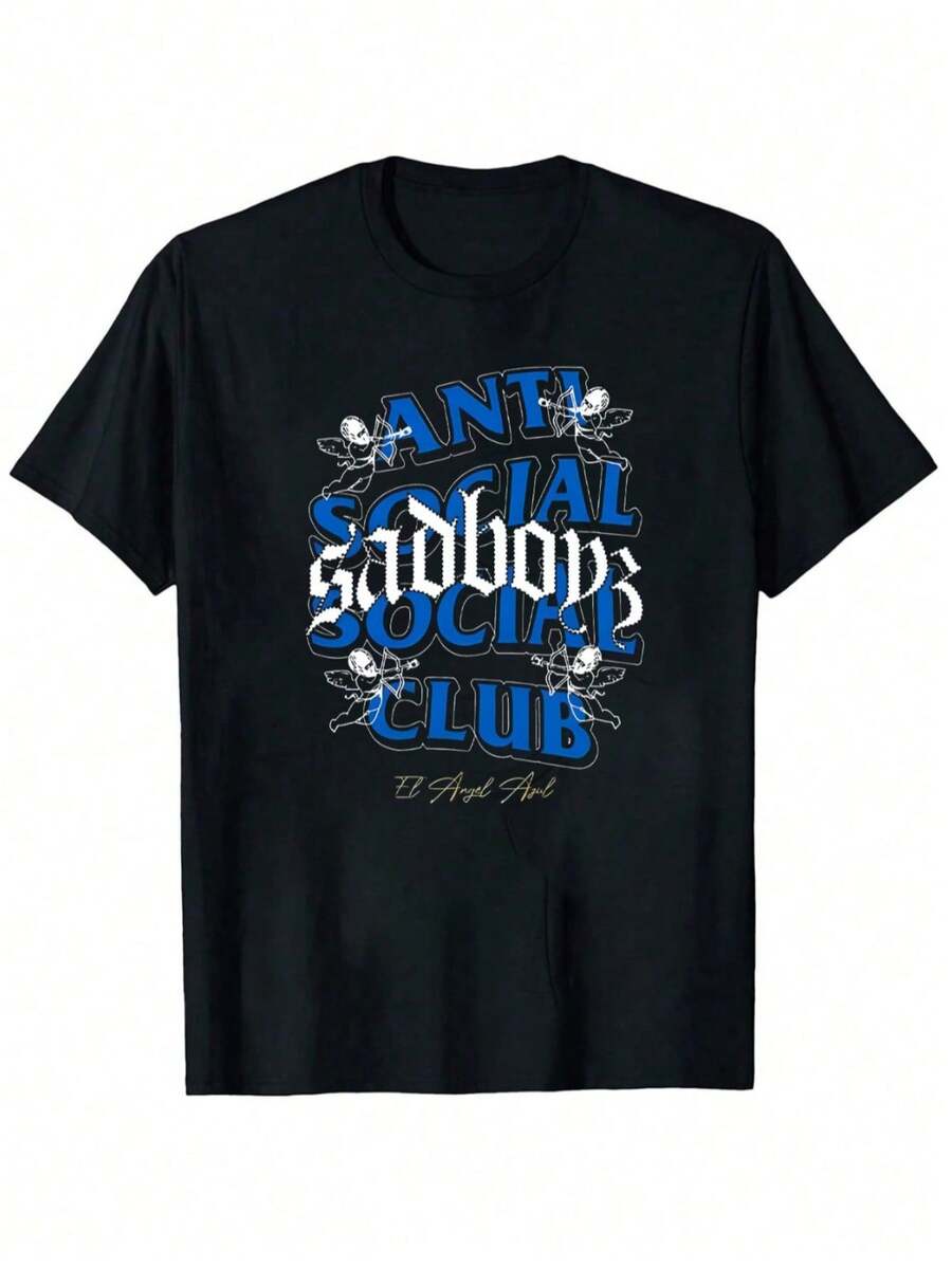 Men Antisocial X Sad Boyz  Sad Boyz Graphic T-Shirt Black With Blue Gothic Anti Social Club Swing Life Designs Edgy Streetwear Crewneck Top For Concerts Urban Fashion Adult Unisex Casual Shirt Concert Attire Nonstretch Fabric Comfortable Fit Men Size S-3XL - 黑色 - 查看 1