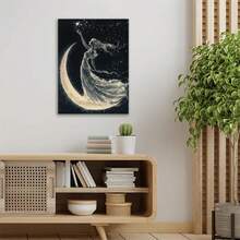 1 Pc Canvas Painting, Retro Moon Goddess Art Canvas Poster - 16x24-Inch Woodblock Oil Painting Print, New Moon And Star Design Suitable For Halloween, Anniversary, Birthday Decoration - Fringed Oil Canvas, Wooden Framed Art,High Quality ,Thickness 2. 25cm/1inch Wall Art Prints Poster Direct Hanging Decor For Home Gifts,Living Room, Bathroom, Bedroom, Kitchen,Bar,Office - 黑色 - 查看 4