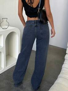 Neue beliebte europäisch-amerikanische Straßenmode, einfache täglich Pendelstil Lässig Straight-Cut Damenjeans mit niedriger Taille - Dunkle Waschung - Übersicht 3