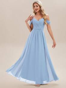 EVERPRETTY Gaun Bridesmaid Biru Muda Elegan dengan Kerah V, Lipit, dan Aplikasi, Cocok untuk Pernikahan, Ulang Tahun, Acara Formal, Pesta, dan Acara Lainnya. - Baby Blue - View 6