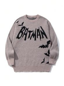 Warner Bros 男士休闲宽松蝙蝠侠提花图案圆领长袖套头毛衣，街头风，适合秋冬季穿着 - 卡其色 - 查看 3