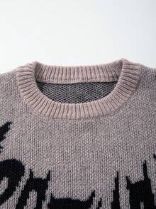 Warner Bros 男士休闲宽松蝙蝠侠提花图案圆领长袖套头毛衣，街头风，适合秋冬季穿着 - 卡其色 - 查看 5