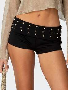 Womens Y2k Grunge Mini Shorts Fold Over Low Rise Studded Rivet Rave Concert Club Punk Goth Micro Bottoms Casual Slim Fit Stretchy Yoga Shorts Loungewear - Black - View 1