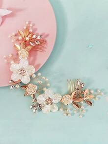 1件优雅双梳发饰头箍，定制双色叶园图案，适合婚礼新娘、成人仪式、和服配饰、情人节配饰