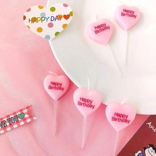 5pcs Pink Heart "Happy Birthday" Cake Decorative Candles, 3pcs Gold Plated Star & Heart Shaped Candles, Creative Romantic Party Baking Supplies