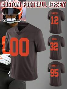 定制姓名号码男士刺绣美式橄榄球球衣，克利夫兰布朗队V领个性化短袖衫，适合派对、比赛、训练、竞技、DIY定制，尺码S-XXL，夏季款 - 棕色 - 查看 1