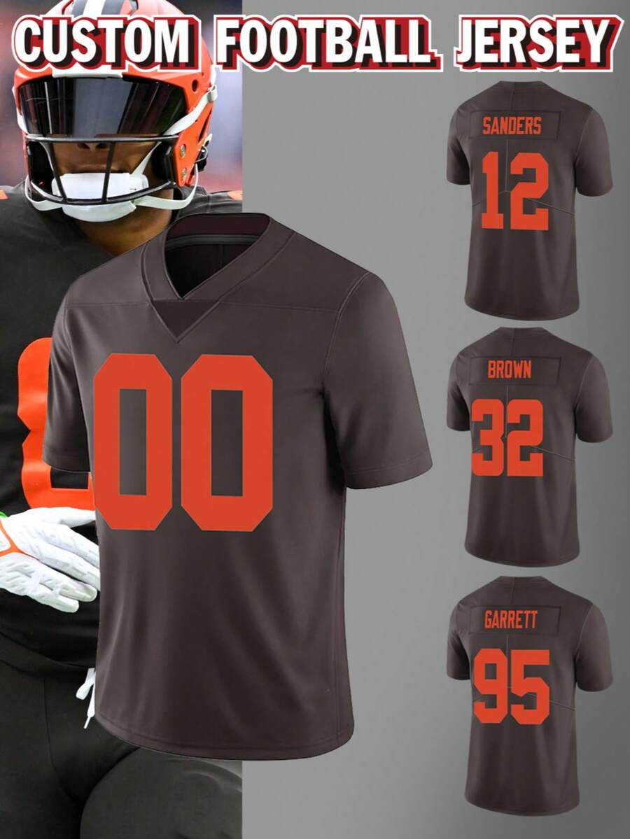 定制姓名号码男士刺绣美式橄榄球球衣，克利夫兰布朗队V领个性化短袖衫，适合派对、比赛、训练、竞技、DIY定制，尺码S-XXL，夏季款 - 棕色 - 查看 1