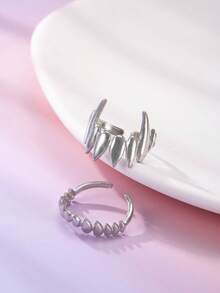 2pcs Stainless Steel Silver, Stylish And Simple, Vampire Teeth Opening Adjustable Split Ring Set, Suitable For Daily Wear Or Halloween Gifts - Silver - View 3