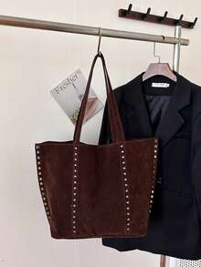 1 Túi đeo vai thời trang dành cho nữ, Túi tote đa năng dung tích lớn dành cho nữ, Trang trí đinh tán, Màu trơn dùng hàng ngày, Thích hợp để mua sắm, đi làm, đi học - Cà phê - Xem 11