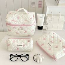 1pc L/M/S Pink Bow Pattern Makeup Bag Set Floral Cosmetic Bag Aesthetic Toiletry Travel Organizer Bag For Women Girls Print Large Travel Vintage Quilted Makeup Bag For Women Skincare Organizer Bag Print Flower Makeup Organizer Storage Bag Autumn University Essentials Travel Essentials Holiday Vacation Travel Bag For Women