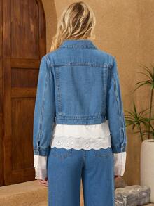 Women's Medium Blue Cropped Denim Jacket With Lace Trim, Fitted Slimming Casual Vintage Jacket, Versatile For Daily Wear - Medium Wash - View 2
