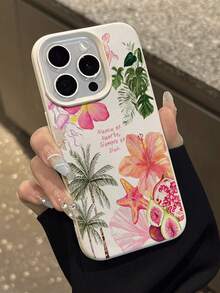 Capa de Telefone Macia, Resistente a Choques e Modas, Estilo Resort, 1 Peça, Ilustração Vintage da Flor de Hibisco e Árvore de Coco com Textura de Lichia, Anti-Queda e Antiderrapante, Compatível com Apple, Telefones, Versão Internacional, Não a Versão Doméstica, Aniversário - Multicolorido - Visão 5