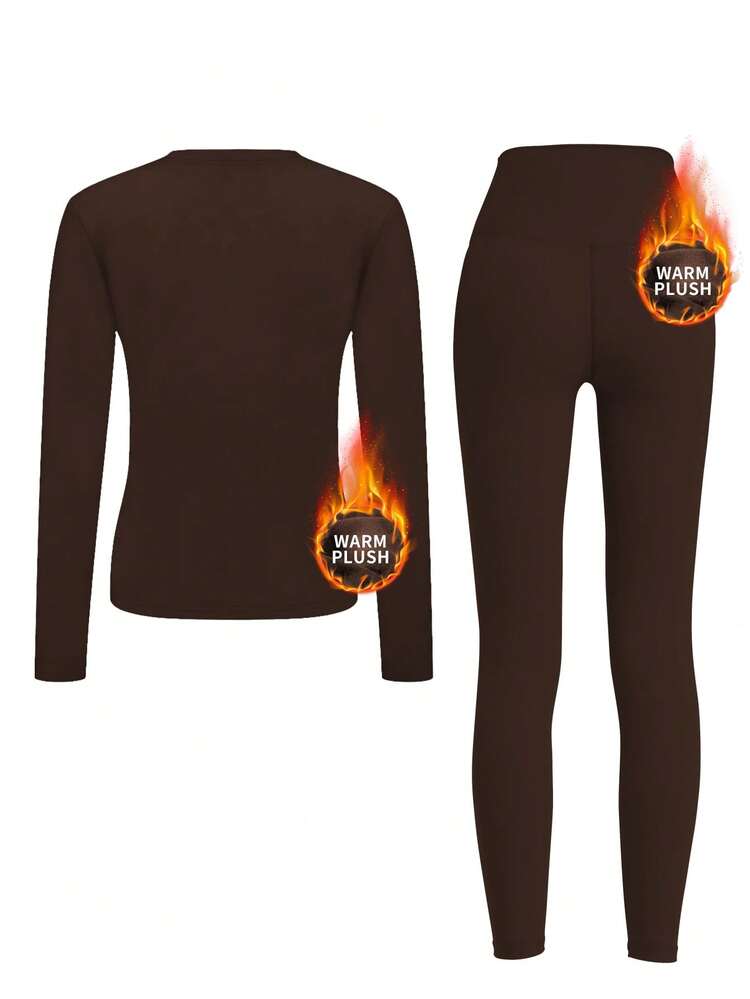 女士纯色羊毛保暖内衣套装，舒适打底衫，户外活动保暖紧身裤，滑雪，长袖圆领上衣和裤子套装，瑜伽服 - 咖啡棕 - 查看 2