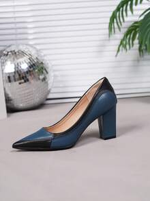 Women's Fashion New Elegant Pointed Toe Chunky Heel Glossy Black & White Contrast Color High Heels, Comfortable And Sophisticated