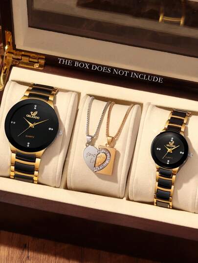 4pcs Fashionable And Versatile Casual Round Couple Watch, Simple Steel Strap Quartz Watch, Paired With Jewelry Heart Pendant Necklace Combination Set, Couple Set, Suitable For Weddings, Parties, Festivals, Back To School Season, Christmas And Daily Wear, Is The Best Gift Set For Couples.