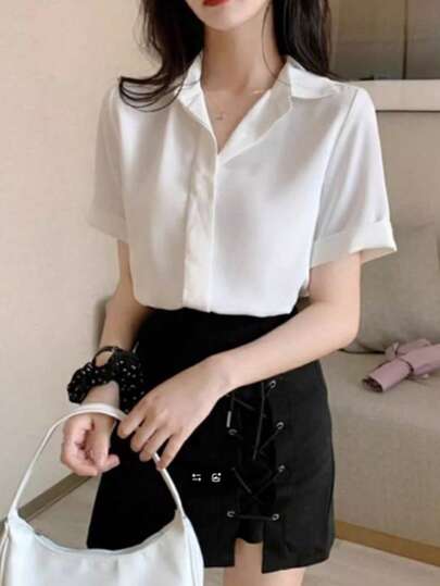 Áo sơ mi tay ngắn trơn màu tối giản cổ điển dành cho nữ, áo cánh nhiều lớp thoải mái cho mùa hè