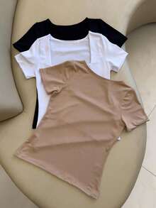 Kit 3 Short Sleeve Blouses With Square Collar - 彩色 - 查看 2