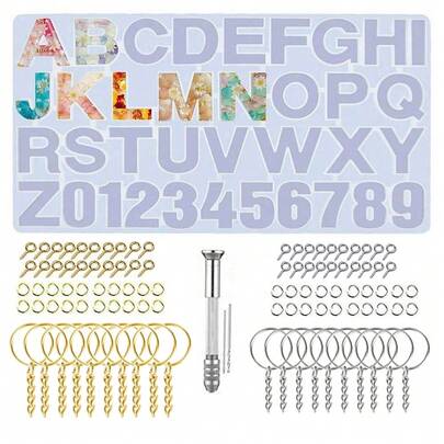 104pcs Alphabet Silicone Resin Mold, Letter & Number Epoxy Resin Mold Keychain Jewelry Mold With Keyring And Pliers For Resin Casting To Make Keychains/House Numbers