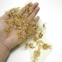 1 Cặp miếng vá trang trí ren thêu đính kim sa đính đinh tán vàng dùng cho quần áo tự làm - Vàng - Xem 4