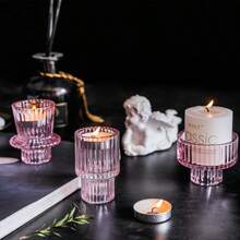 1pc European Minimalist Pink Glass Candlestick - Romantic Candle Light Prop For Home Dining Table, Candle Cup, Popular B&B Decor