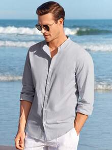 Runcati Men Linen Shirt Button Down Long Sleeve Cotton Beach Band Collar Casual Summer Shirts - Xám - Xem 3