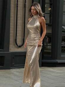 Sexy Sequin Halter Long Dresses Women Elegant Backless Neck Hanging Slim Maxi Dress Fashion Lady Party Everning Split Robes - Vàng - Xem 2