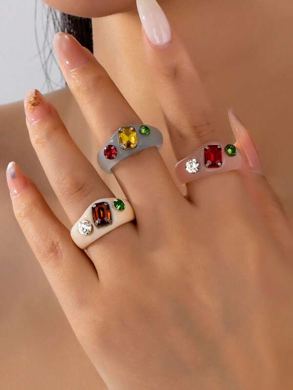 3pcs/Set New European & American Style Candy Color Rhinestone Acrylic Resin Knuckle Rings