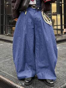 INCERUN Mens High Waist Zipper Striped Casual Loose Wide Leg Trousers Long Harem Pants Bottoms - 深藍色 - 查看 3