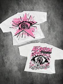 A 220g Pure Cotton T-Shirt. On The Back, There Is A Combination Of A Pink Star And An Eye Pattern. On The Front, There Are The Words "ELOHIM" And "PATH TO PARADISE". With A  Art And Street Graffiti Style, It Is Suitable For Daily Wear In Summer. - trắng - Xem 1