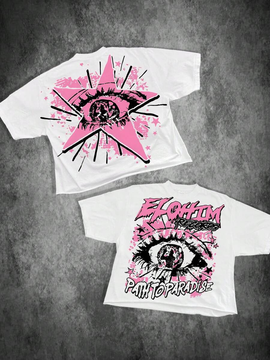 A 220g Pure Cotton T-Shirt. On The Back, There Is A Combination Of A Pink Star And An Eye Pattern. On The Front, There Are The Words "ELOHIM" And "PATH TO PARADISE". With A  Art And Street Graffiti Style, It Is Suitable For Daily Wear In Summer. - trắng - Xem 1