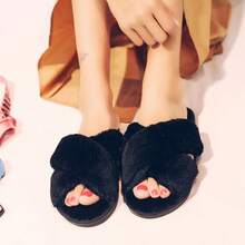 Women's Flat Open Toe Fluffy Slippers, 2025 New Lightweight Warm Comfortable Casual Strap Bedroom Slippers - Black - View 4