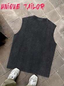 Unique Tailor 230g Men's Pure Cotton Sleeveless Vest, Cotton Washed Round Neck Vest, Gothic Blindfolded Nun Pattern Sleeveless Top Design, Vintage Washed Craftsmanship, Daily Casual Wear - Black - View 3