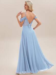EVERPRETTY Gaun Bridesmaid Biru Muda Elegan dengan Kerah V, Lipit, dan Aplikasi, Cocok untuk Pernikahan, Ulang Tahun, Acara Formal, Pesta, dan Acara Lainnya. - Baby Blue - View 4