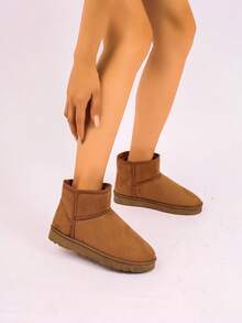 女士冬季靴，女士毛绒靴，女士雪地靴，短款毛绒保暖雪地靴，时尚软底毛绒保暖踝靴，防滑舒适黑色雪地靴 - 駝色 - 查看 5