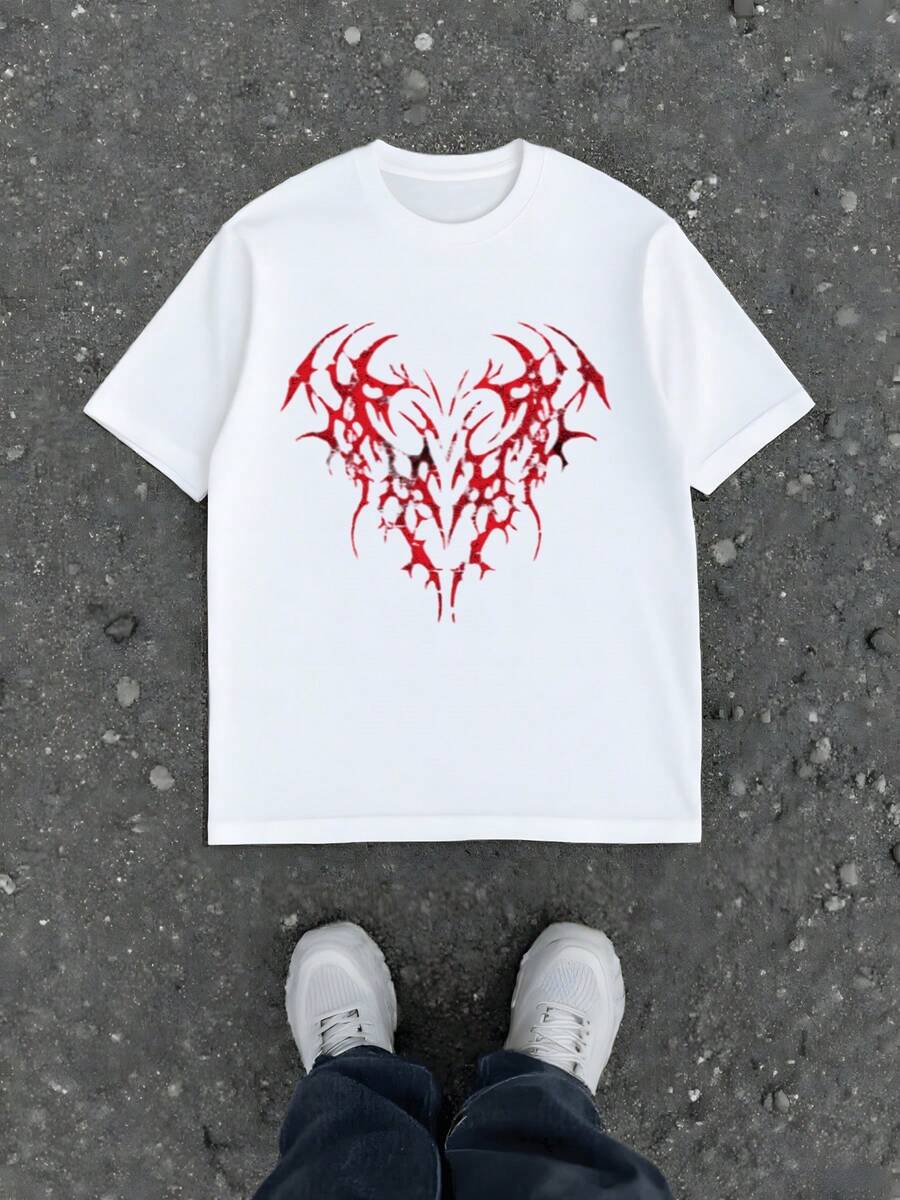 Red Heart Graphic 220g Inspired By Dark Fantasy Aesthetics And Intricate Patterns Showcasing A Love 100% Cotton Unisex Tshirt 1Pcs Plus Size - 白色 - 查看 1