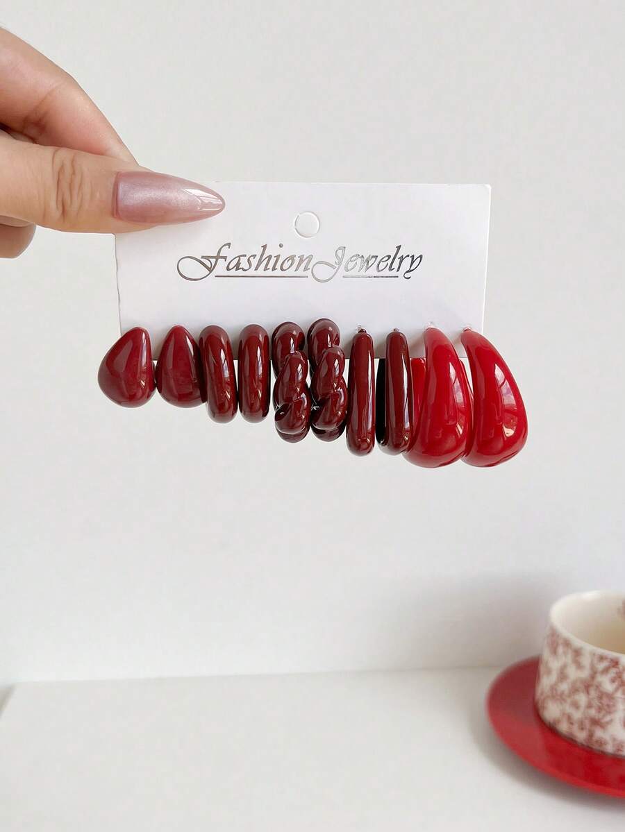 1 Set Of 5 Pairs Comma & Water Drop Cute Doll Earrings, Versatile Small C Hoop Earring Set - Red - View 1