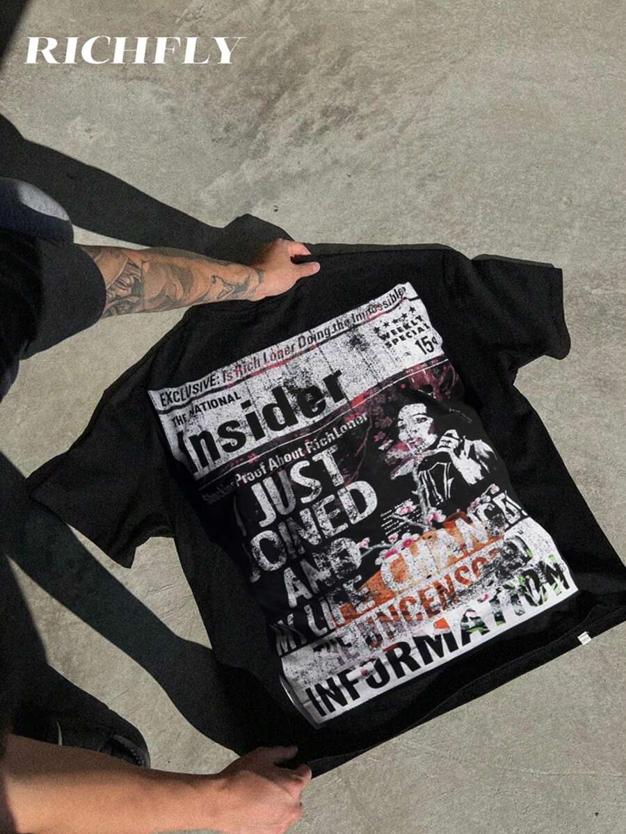 Print Men's Summer Round Neck Short,Y2k Style Manfinity Sleeve Casual Cotton Cotton T-Shirt,Halloween - màu đen - Xem 1